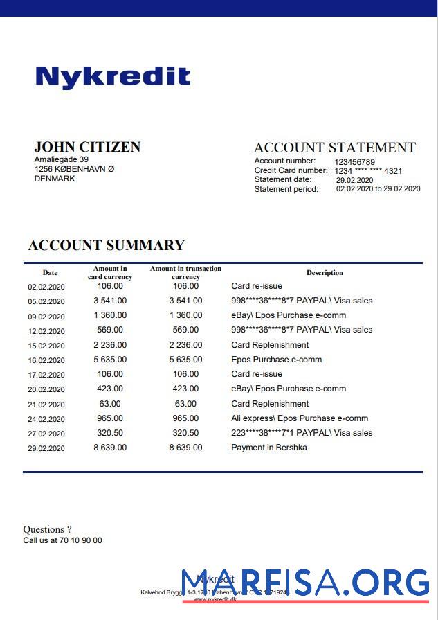 Blank Denmark Nykredit bank statement word template